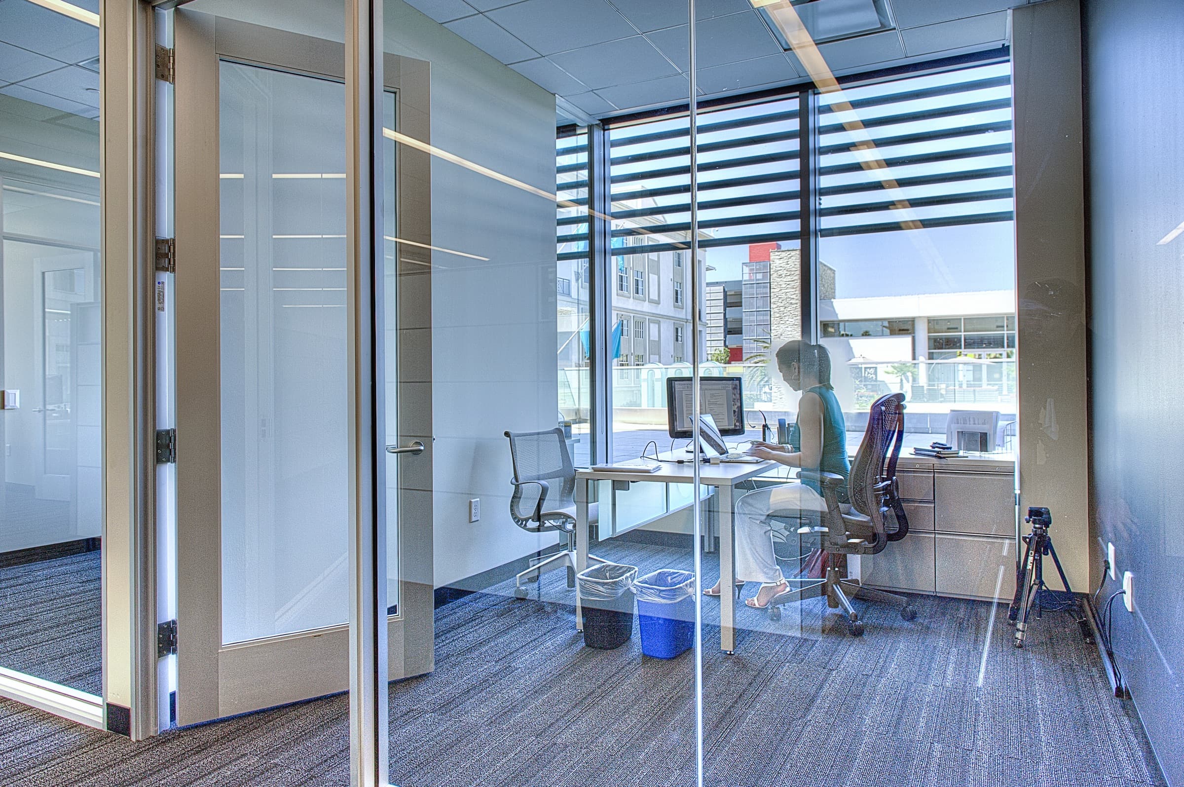 Private office with full-height glass wall and aluminum-framed door